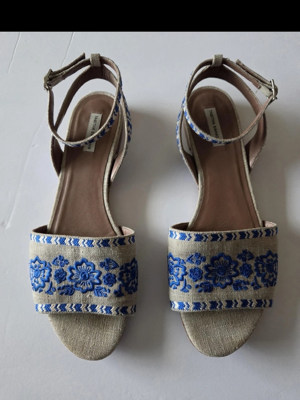 Tabitha Simmons Sandals Womens 10.5 Blue Floral Embroidery